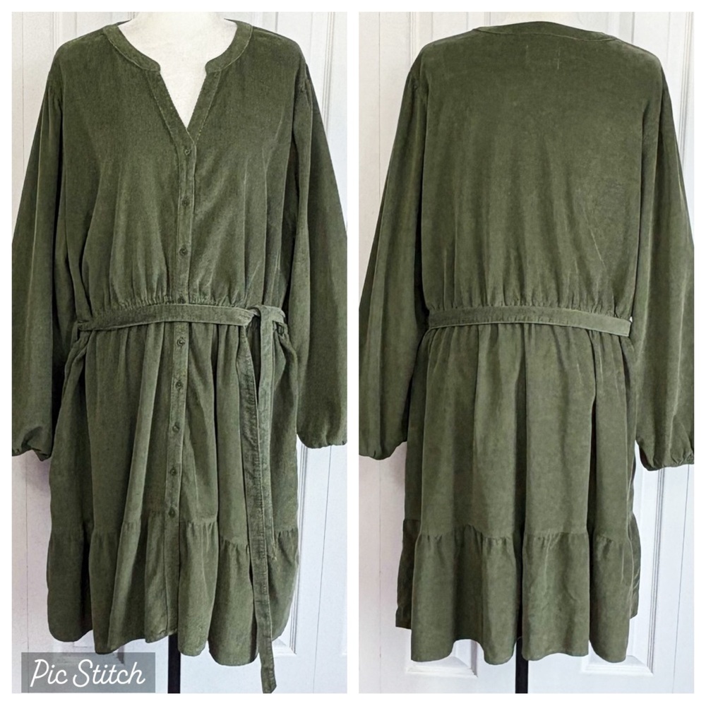 St. John's Bay Oregano Green Corduroy Long-Sleeve Tiered Shirtdress 2X